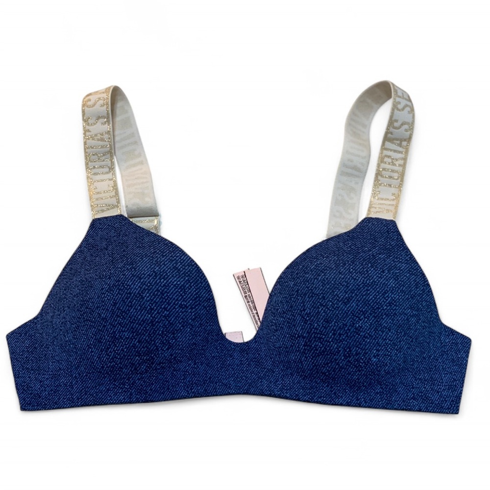 Victoria's Secret Navy Denim Bra with Logo Straps 34B